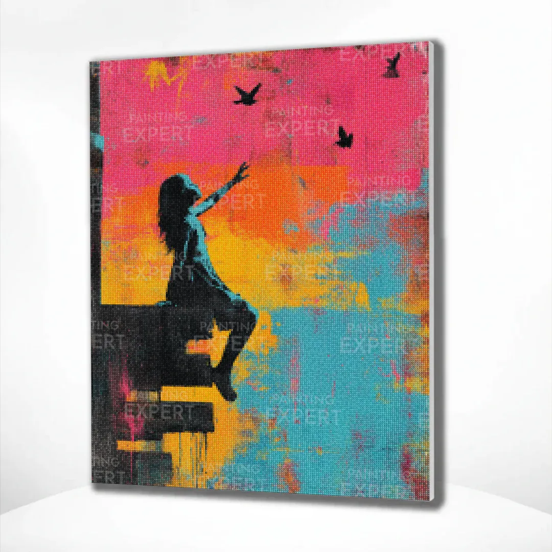 Diamond Painting Banksy farbenfroh – Mädchen mit Vögeln