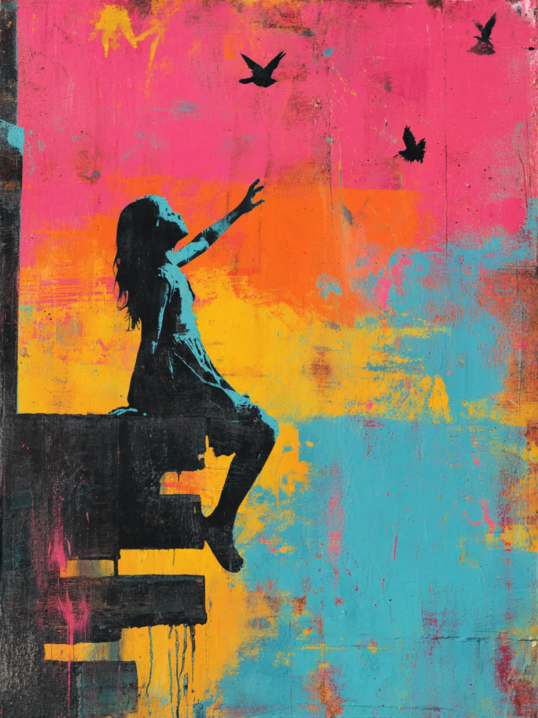 Diamond Painting Banksy farbenfroh – Mädchen mit Vögeln - Image 3