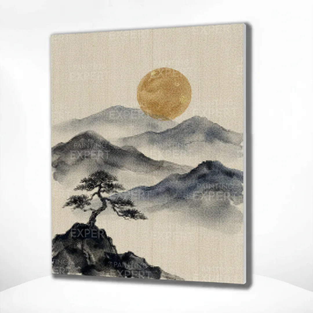 Diamond Painting Berge in Tinte mit goldenem Mond Japan