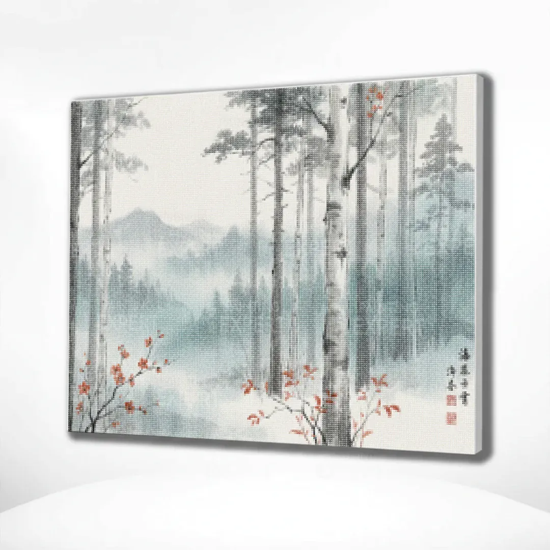 Diamond Painting Birkenwald im Nebel mit roten Akzenten Japan