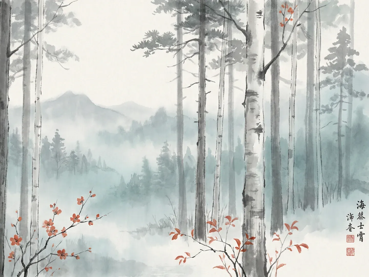 Diamond Painting Birkenwald im Nebel mit roten Akzenten Japan - Image 3