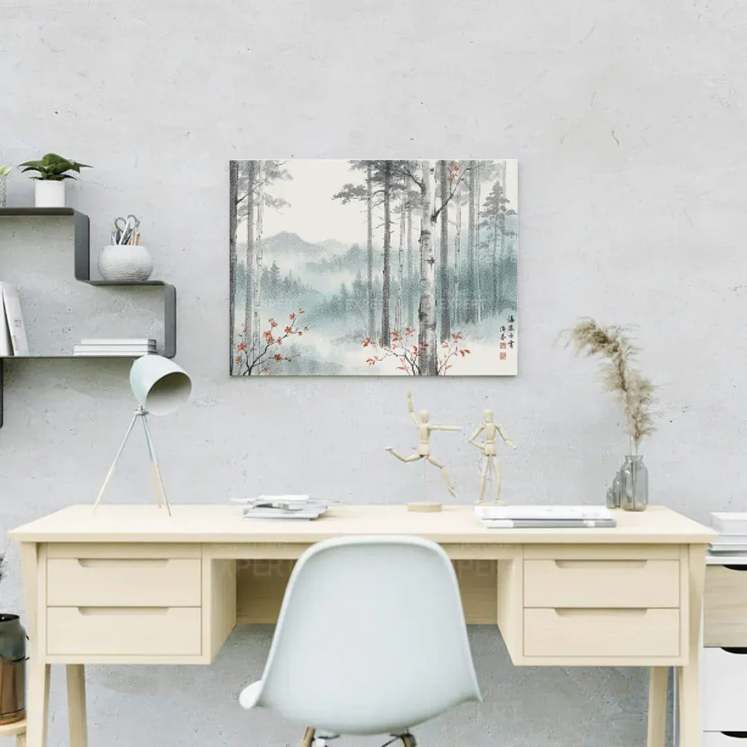Diamond Painting Birkenwald im Nebel mit roten Akzenten Japan - Image 4