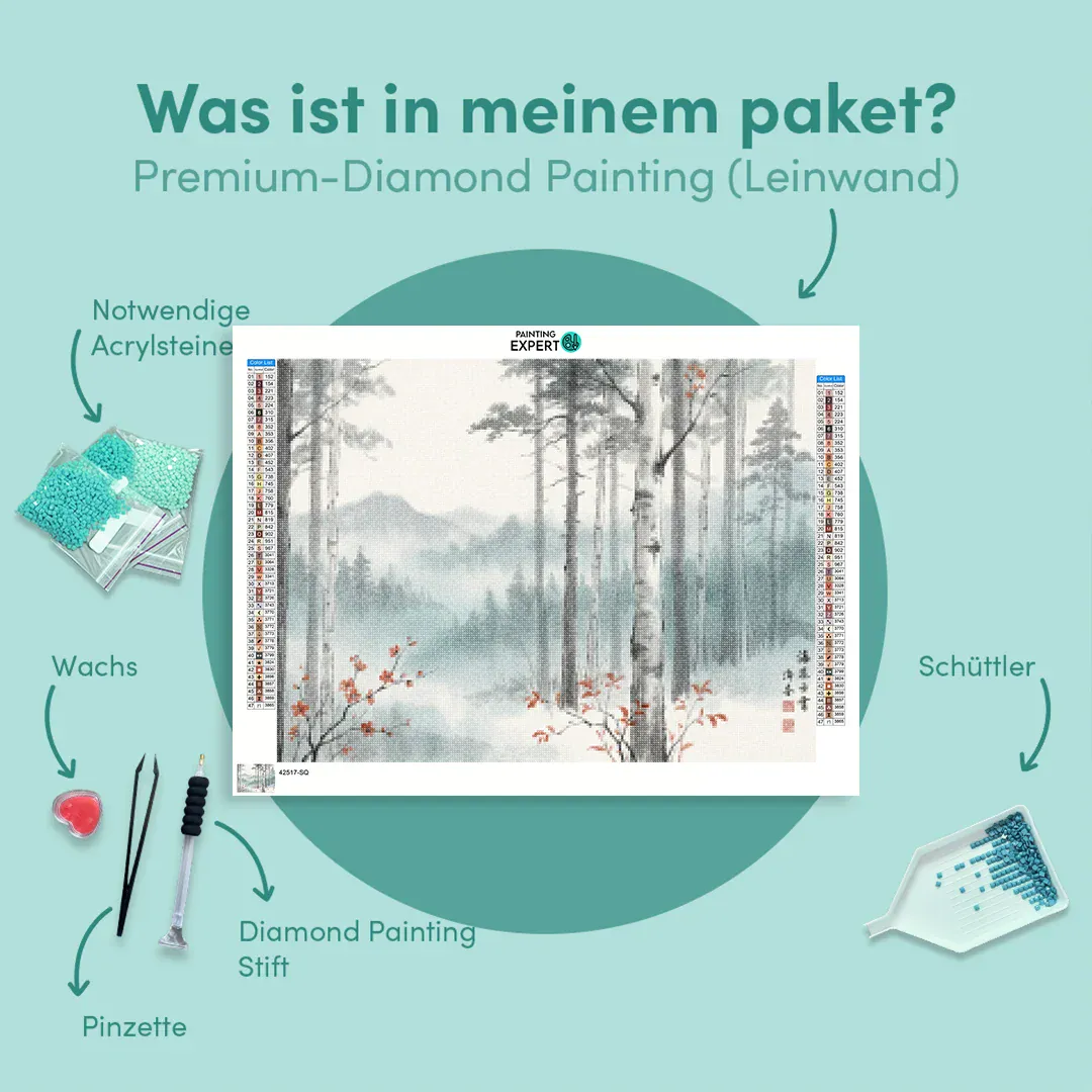 Diamond Painting Birkenwald im Nebel mit roten Akzenten Japan - Image 6
