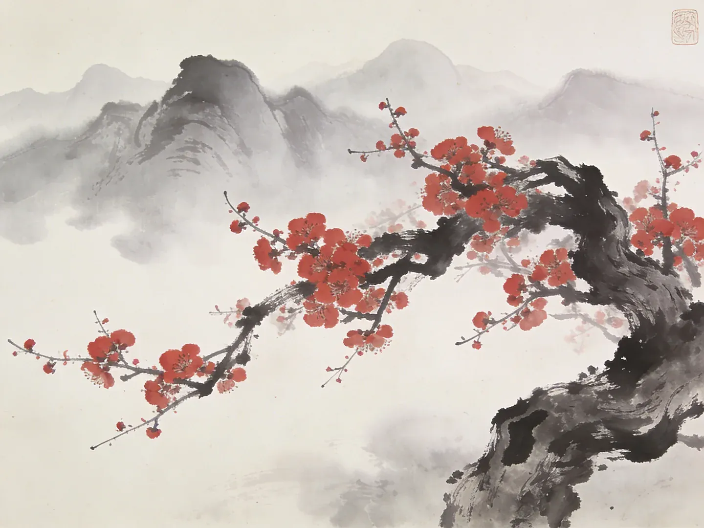 Diamond Painting Kirschblüten vor nebelverhangenen Berggipfeln – Japandi-Panorama Japan - Image 3
