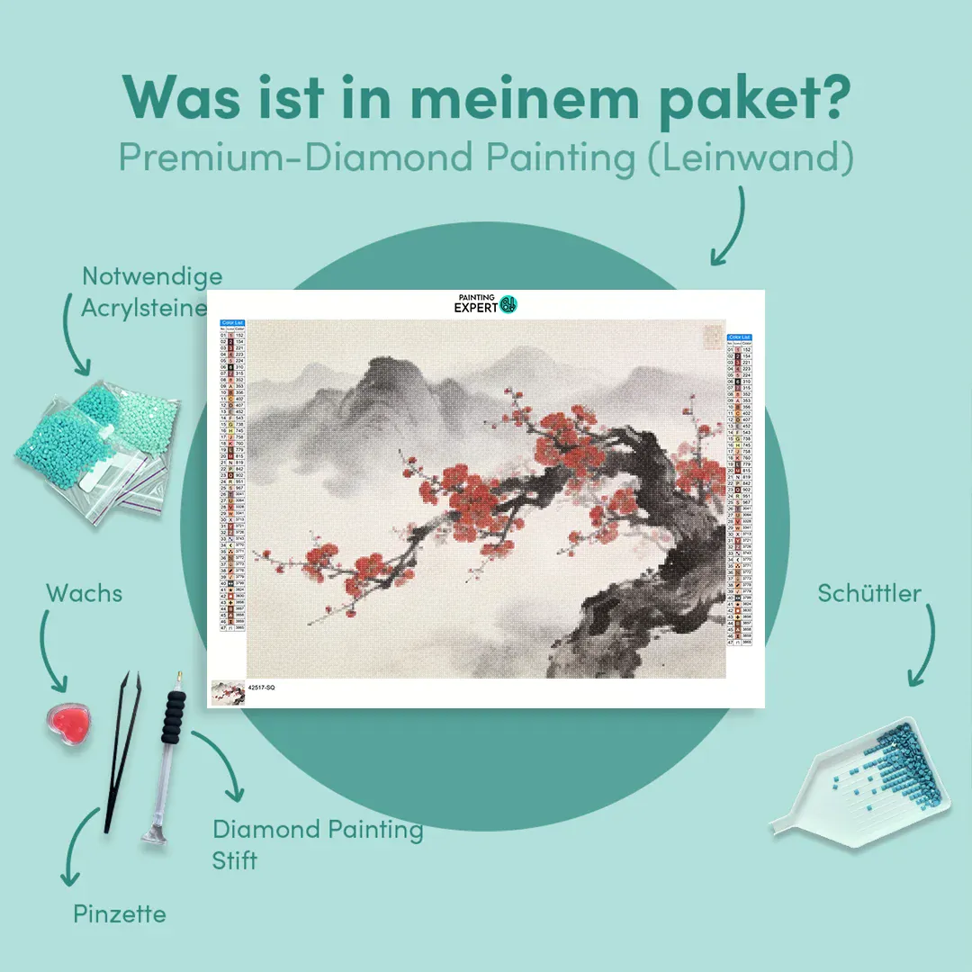 Diamond Painting Kirschblüten vor nebelverhangenen Berggipfeln – Japandi-Panorama Japan - Image 6