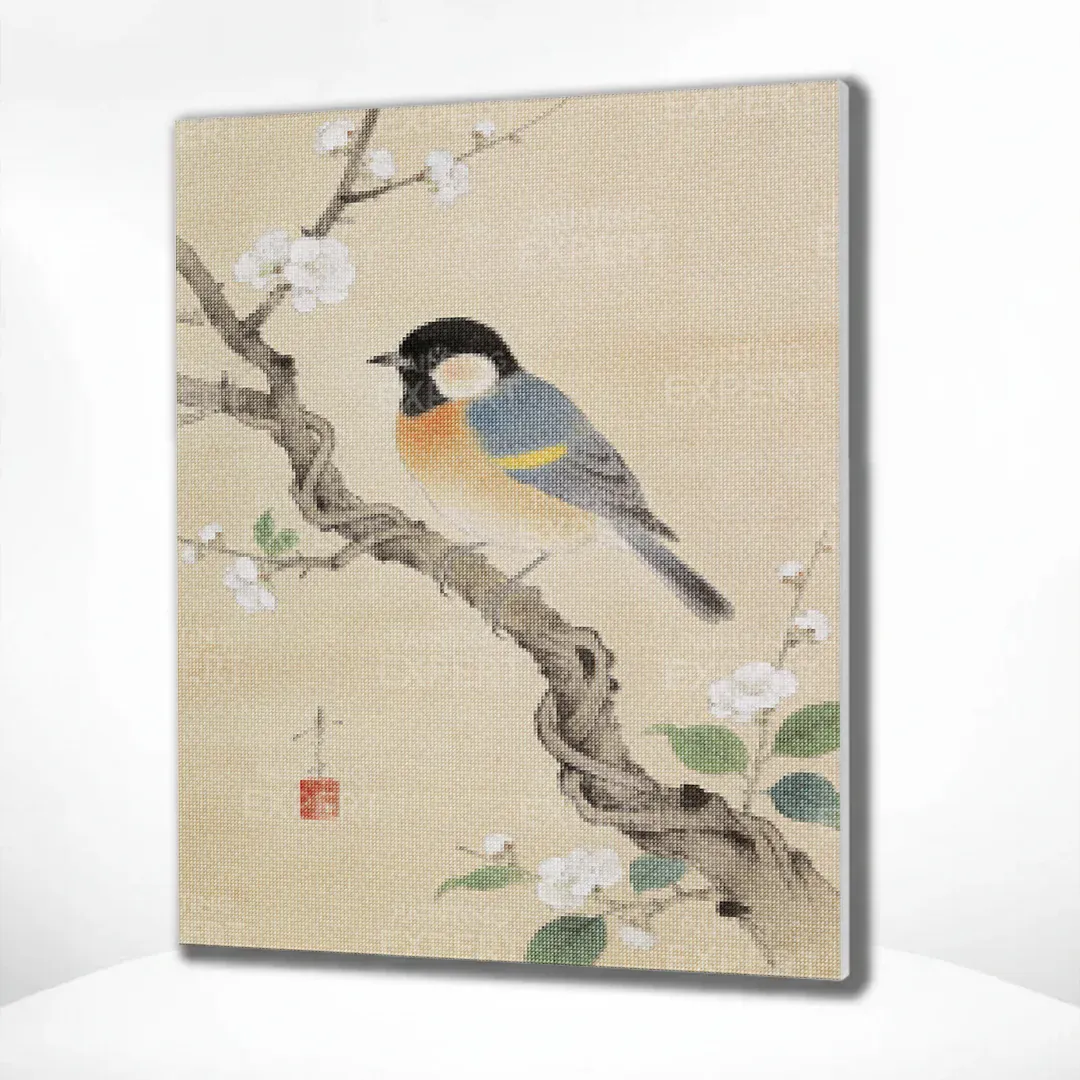 Diamond Painting Kohlmeisen auf einem blühenden Zweig von Ohara Koson Japan