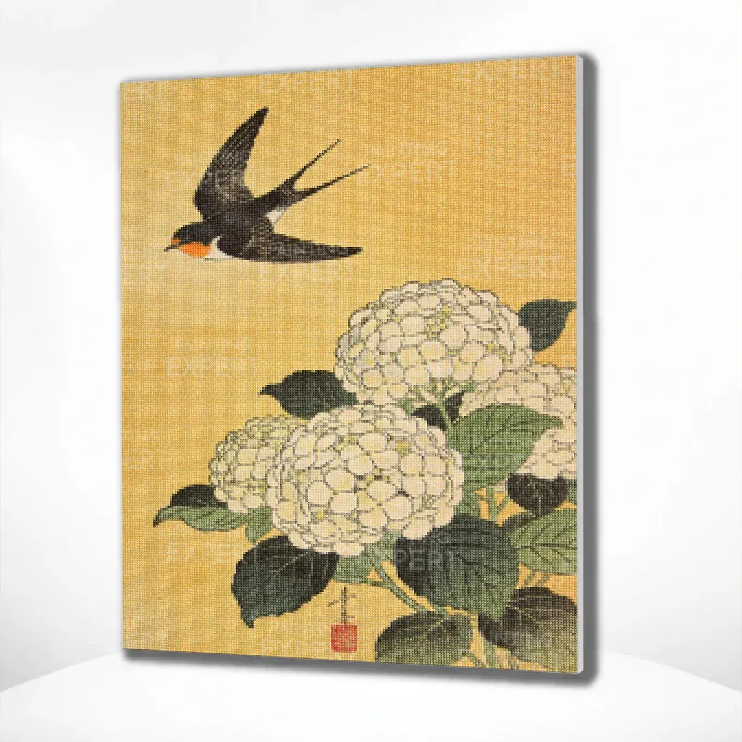 Diamond Painting Schwalbe über weißen Hortensien Japan