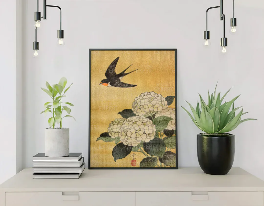 Diamond Painting Schwalbe über weißen Hortensien Japan - Image 4