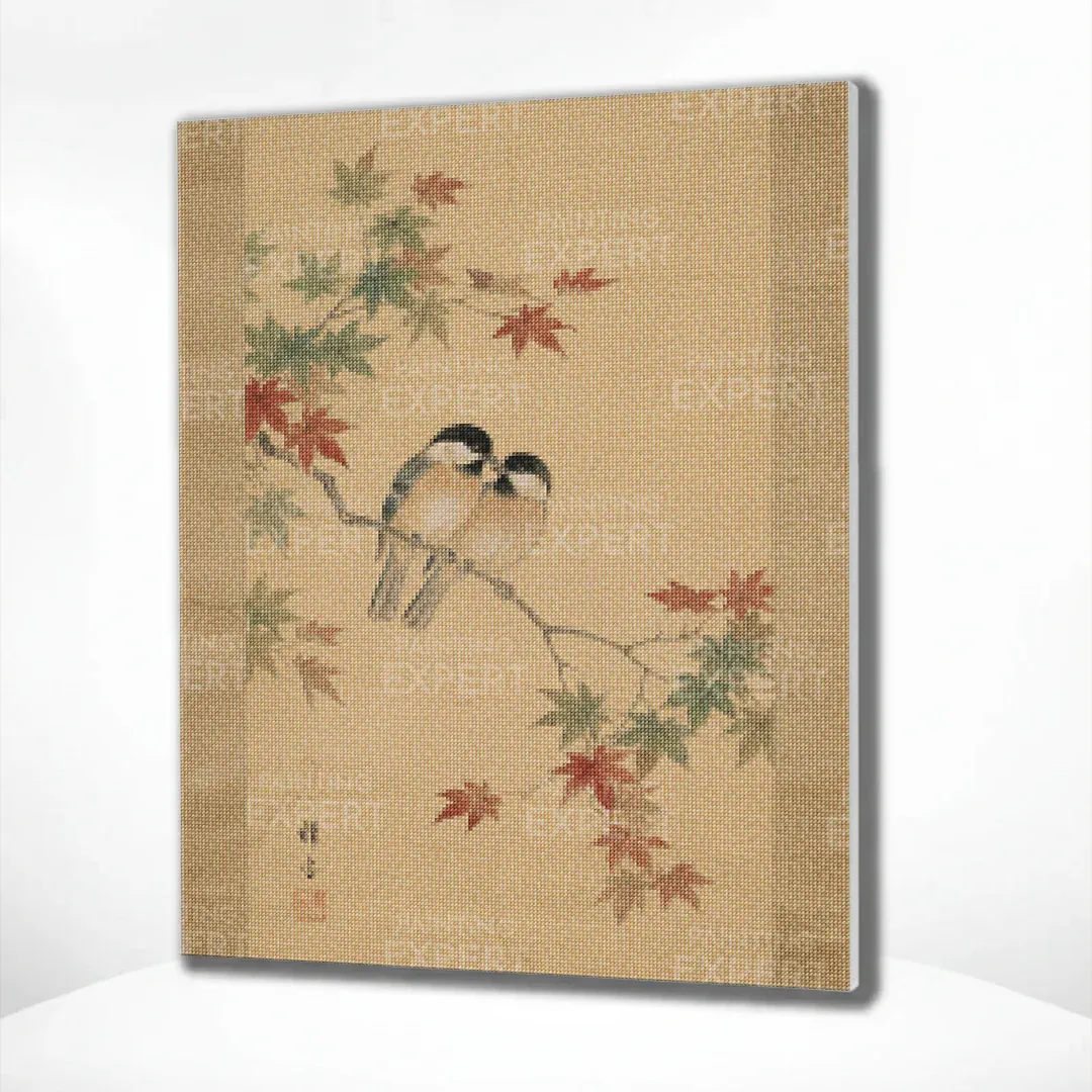 Diamond Painting Zwei Vögel zwischen Ahornblättern (Herbst) Japan