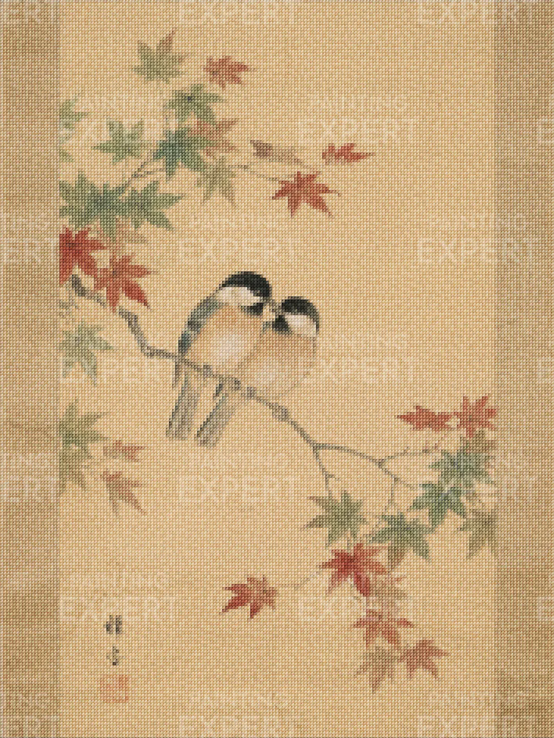 Diamond Painting Zwei Vögel zwischen Ahornblättern (Herbst) Japan - Image 2