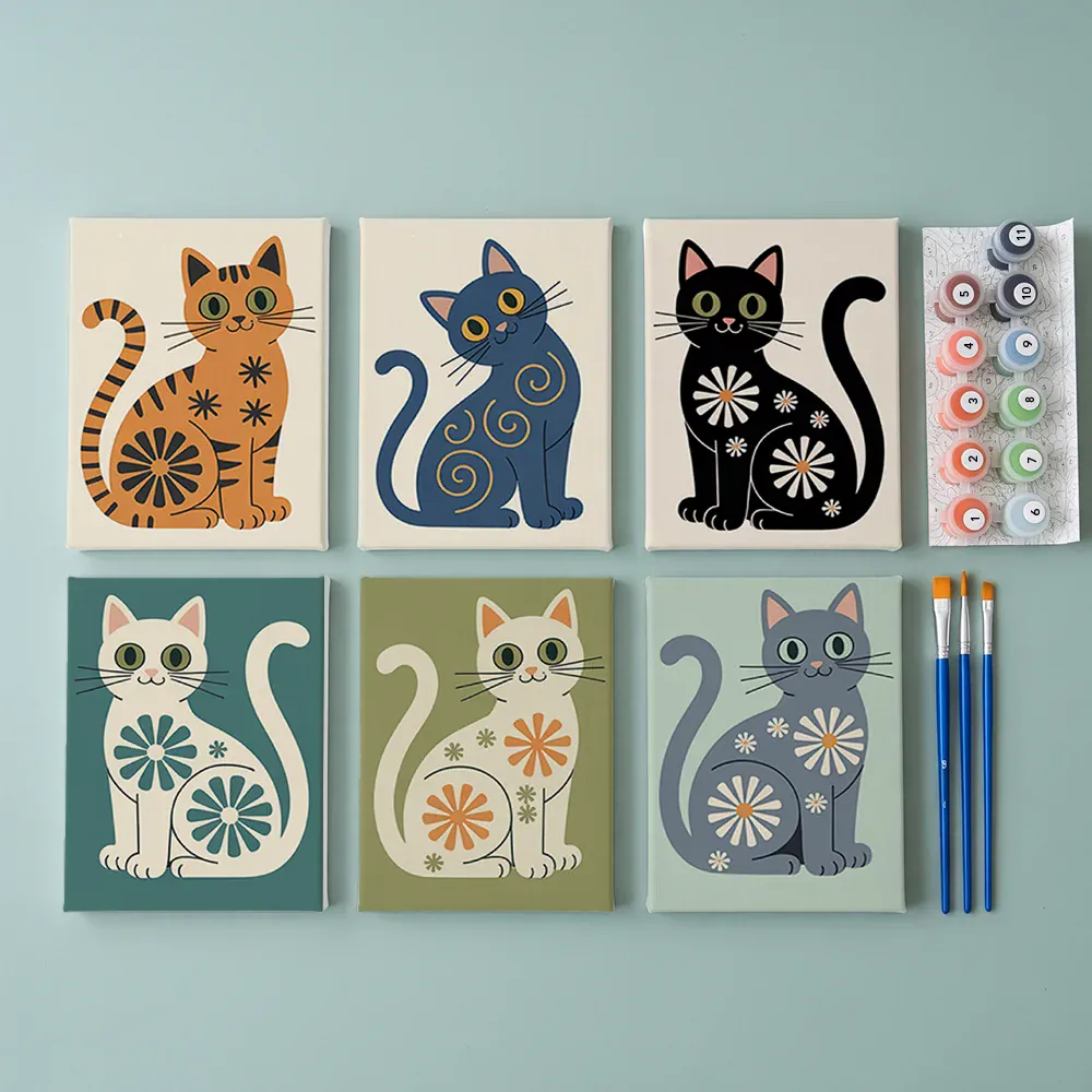 Malen nach Zahlen – 6 Mini-Gemälde - Die Mod Cats-Kollektion - Image 2