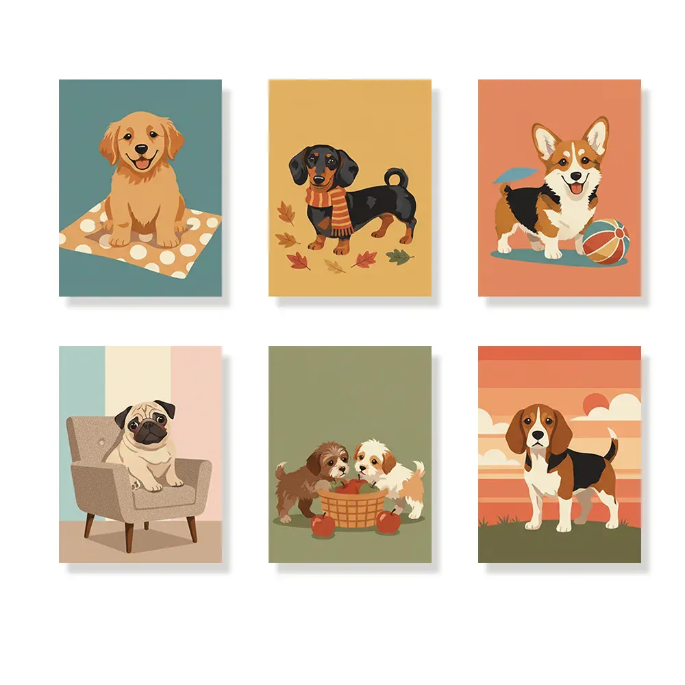 Malen nach Zahlen – 6 Mini-Gemälde - Retro Hundetage