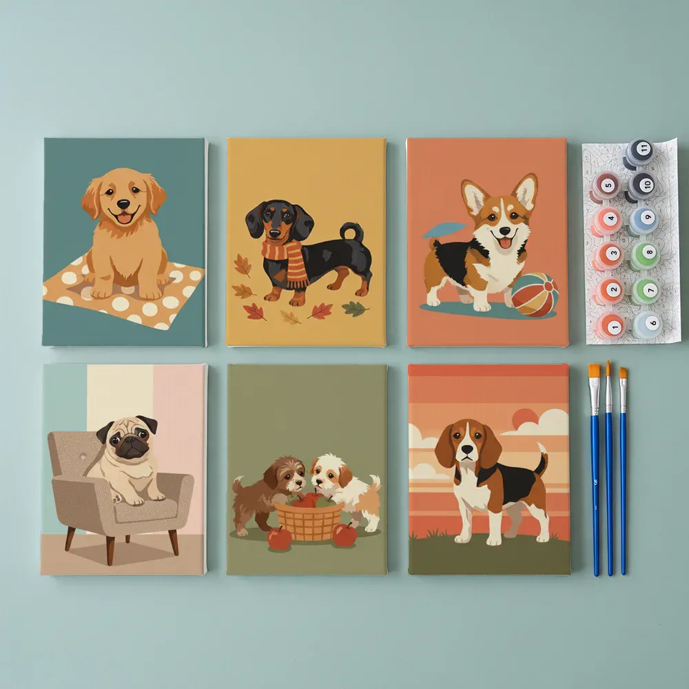 Malen nach Zahlen – 6 Mini-Gemälde - Retro Hundetage - Image 2