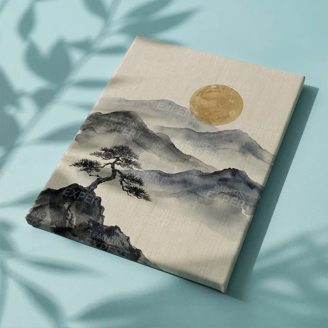 Malen nach Zahlen Berge in Tinte mit goldenem Mond Japan - Image 5