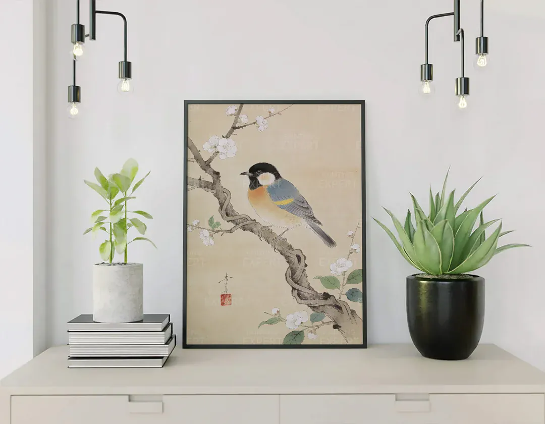 Malen nach Zahlen Kohlmeisen auf einem blühenden Zweig von Ohara Koson Japan - Image 4