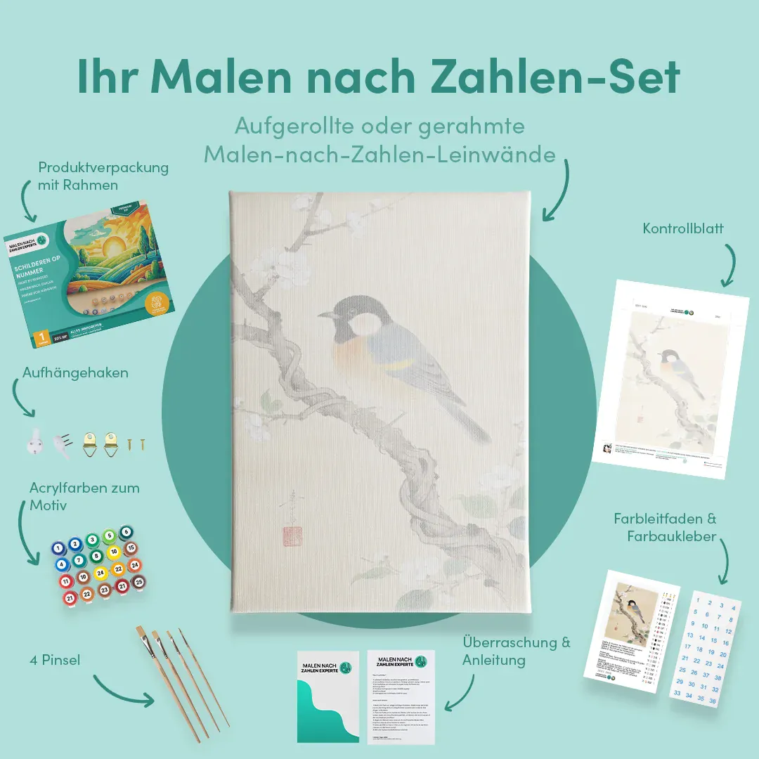 Malen nach Zahlen Kohlmeisen auf einem blühenden Zweig von Ohara Koson Japan - Image 6