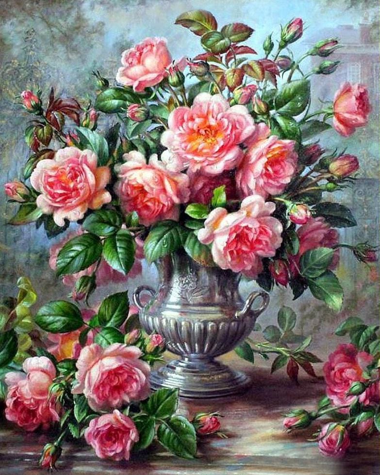 Malen nach Zahlen Rosa Blumen mit Silber Vase - Image 7