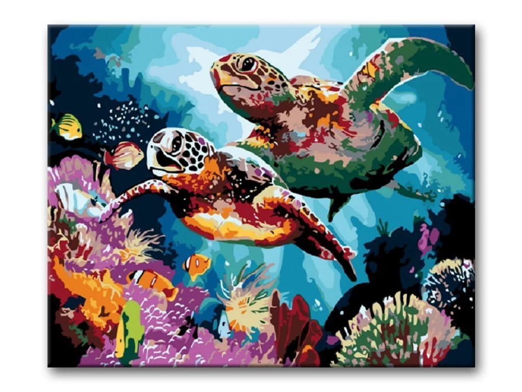 Malen nach Zahlen Schildkröten mit Fischen im Meer - Image 7