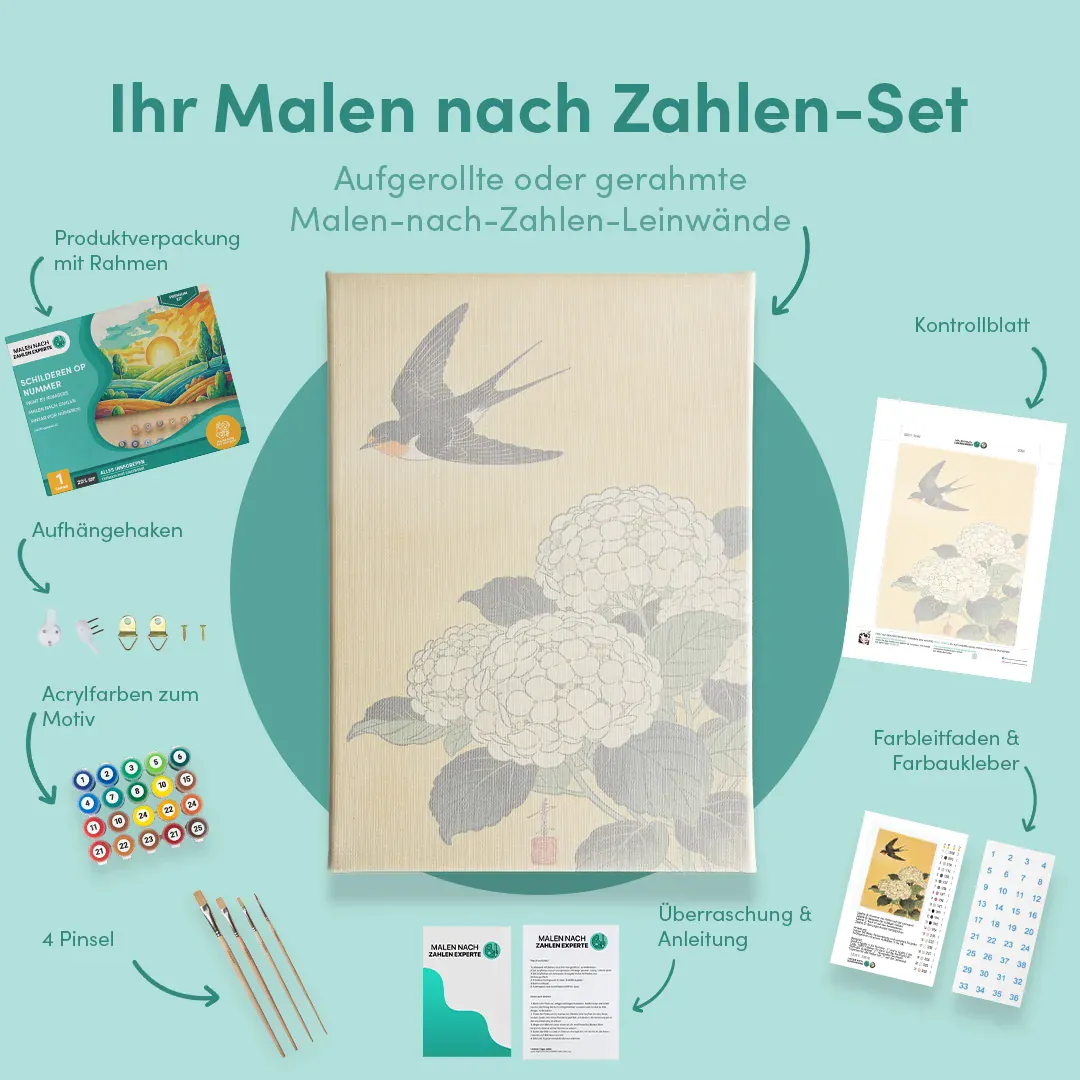 Malen nach Zahlen Schwalbe über weißen Hortensien Japan - Image 6